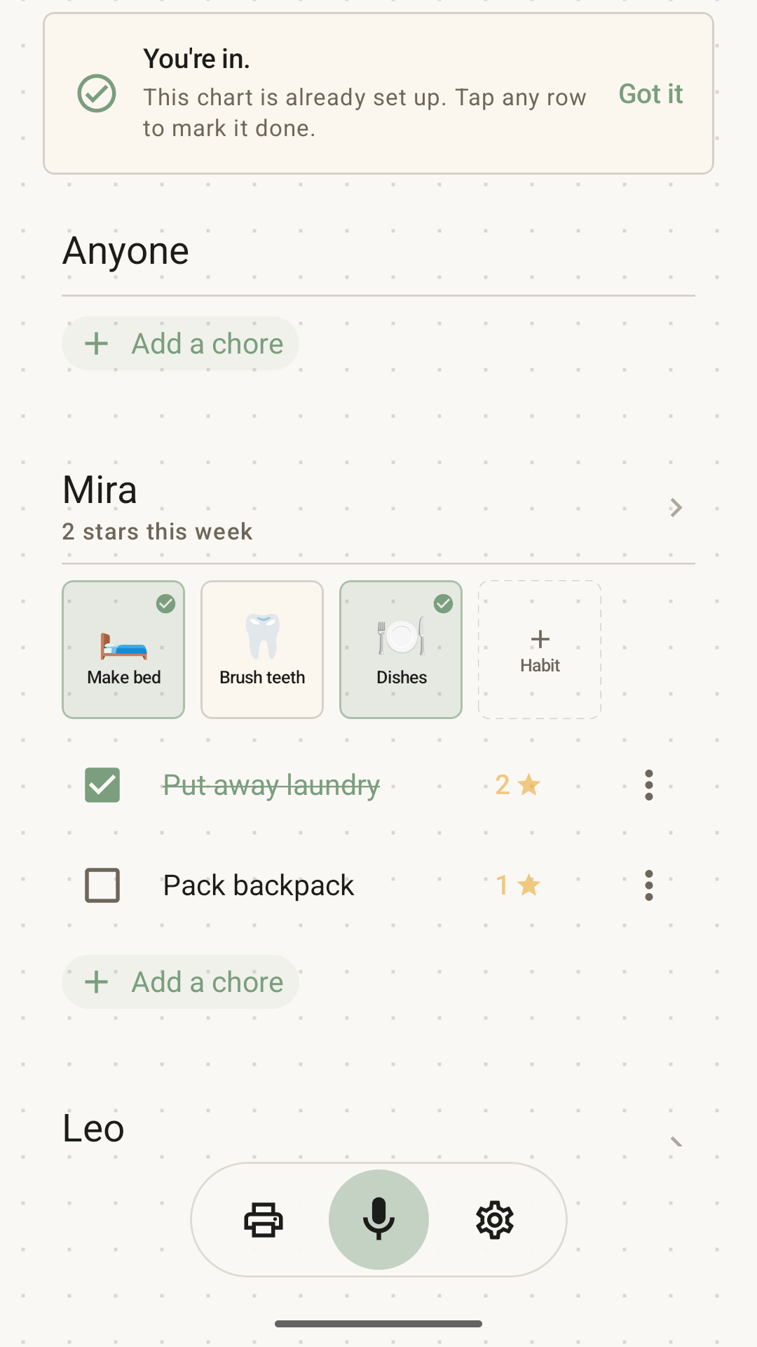 A current native Choreeo Android screen showing shared family chart continuity.
