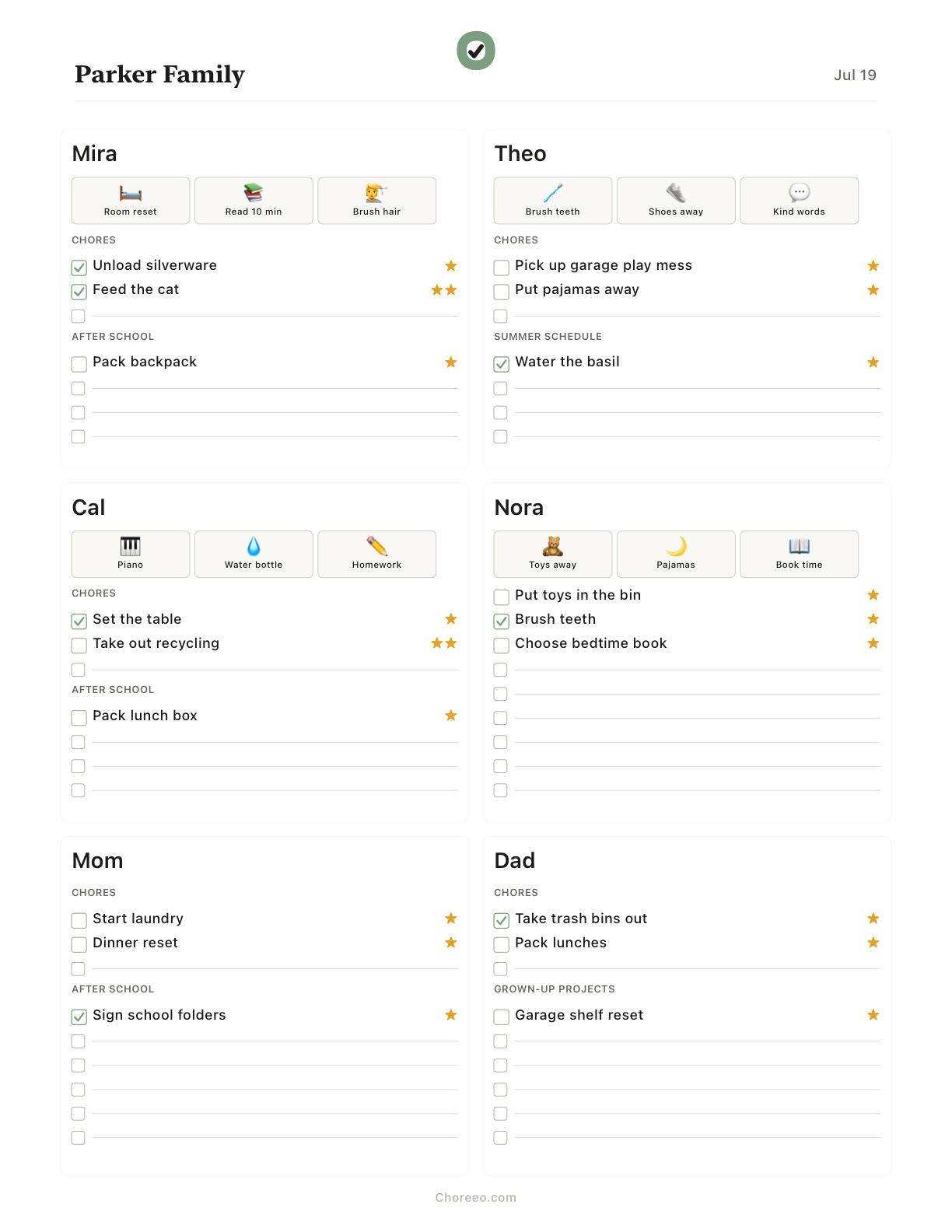 A printed Choreeo family chart with chores, routines, checkboxes, and star totals.