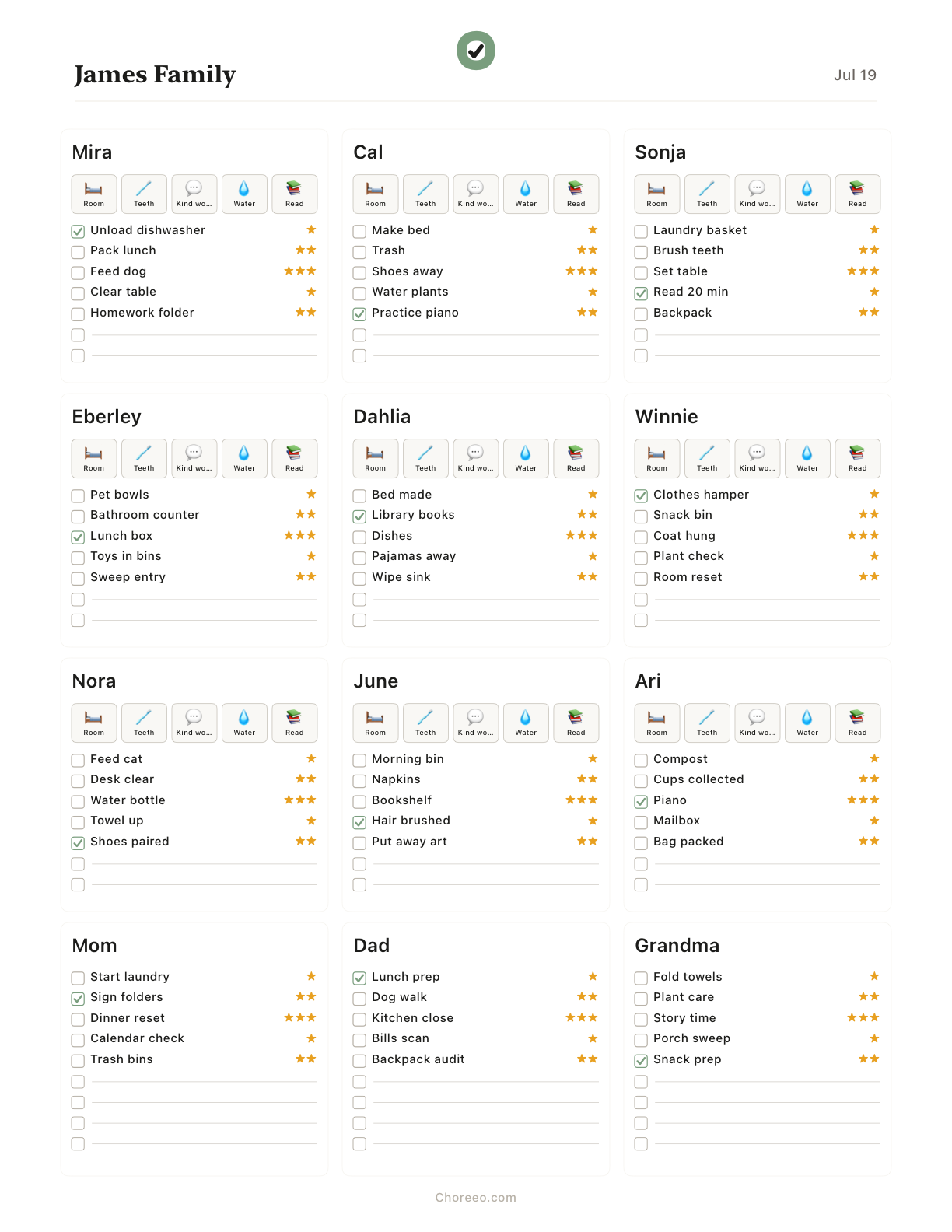 A full one-page Choreeo chart with twelve named family members.