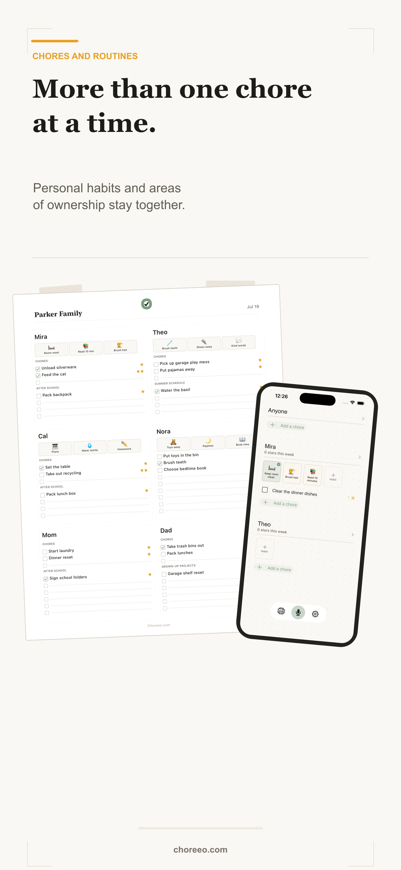 A Choreeo app and printed chart composition showing recurring routines and household chores together.