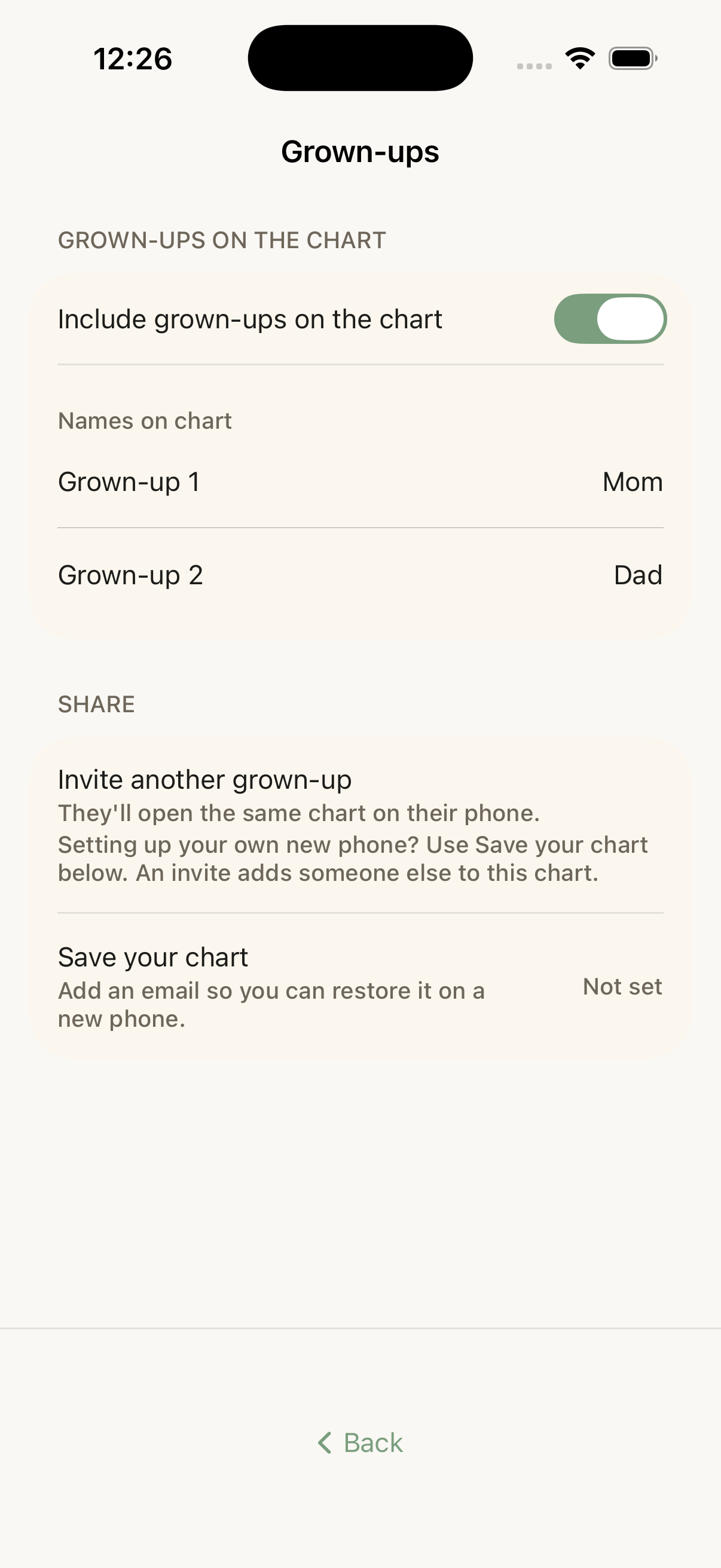 The native Choreeo iPhone grown-up sharing controls.