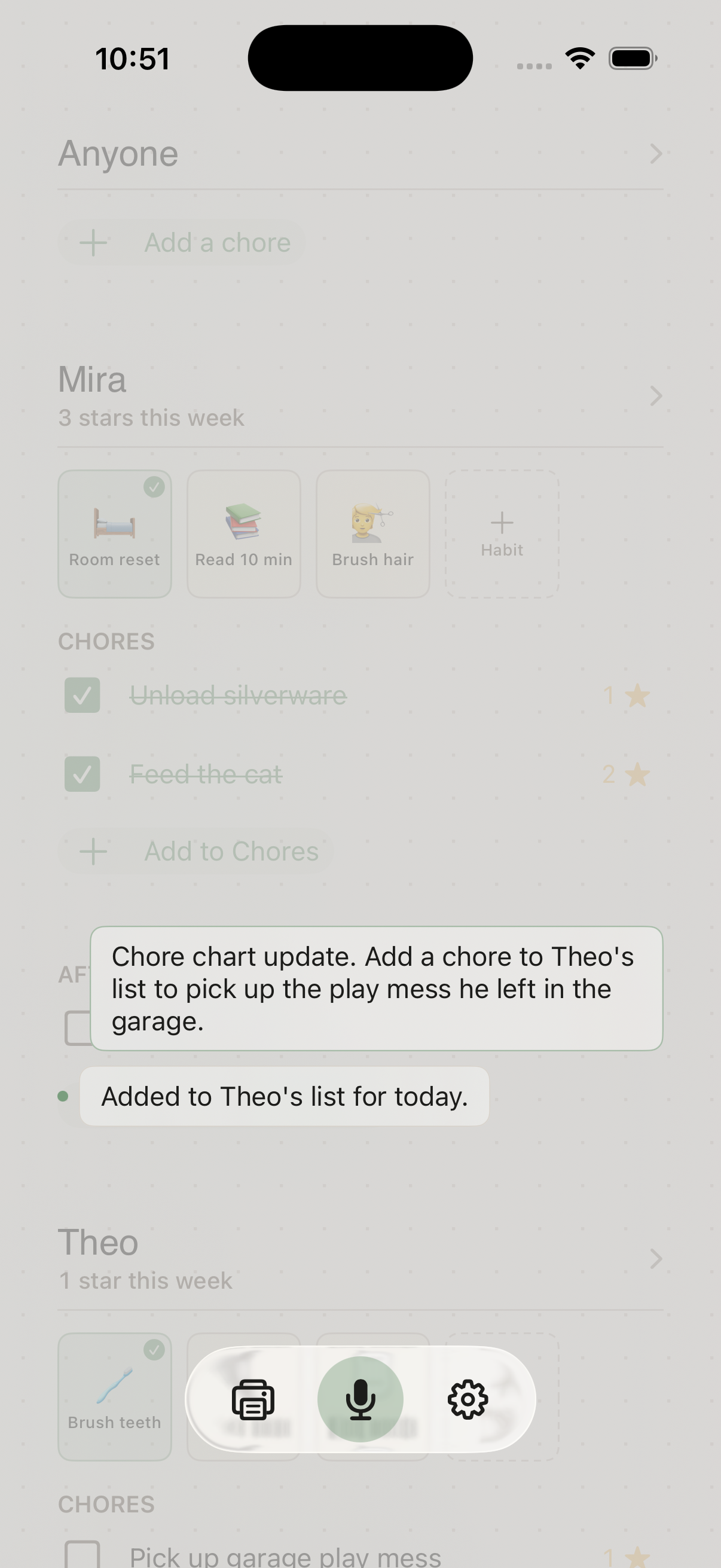 The Choreeo iPhone chart with a grown-up voice update and confirmation.