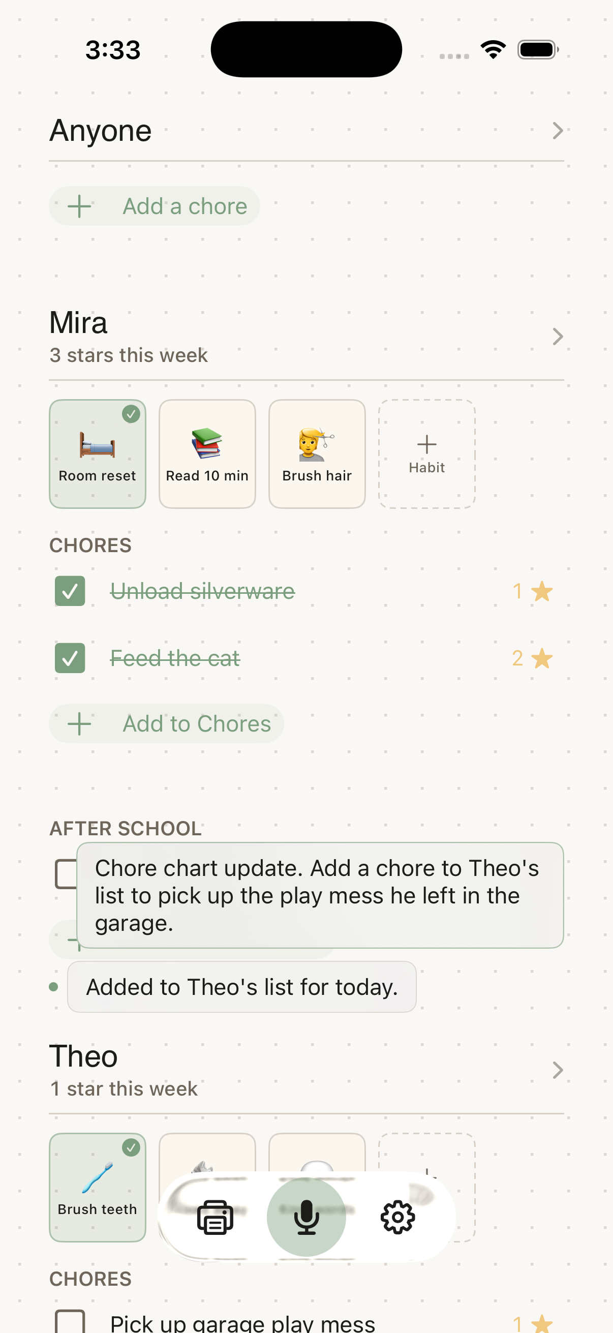 The native Choreeo iPhone app confirming a grown-up voice update.