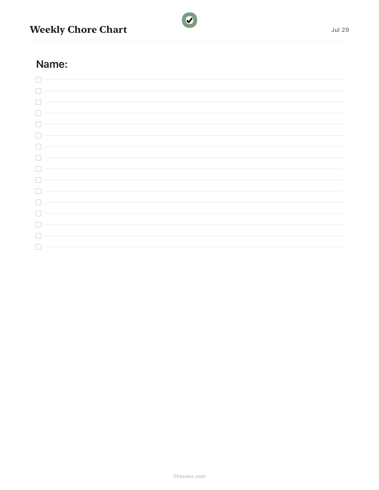 Preview of Weekly chore chart for 1 family member