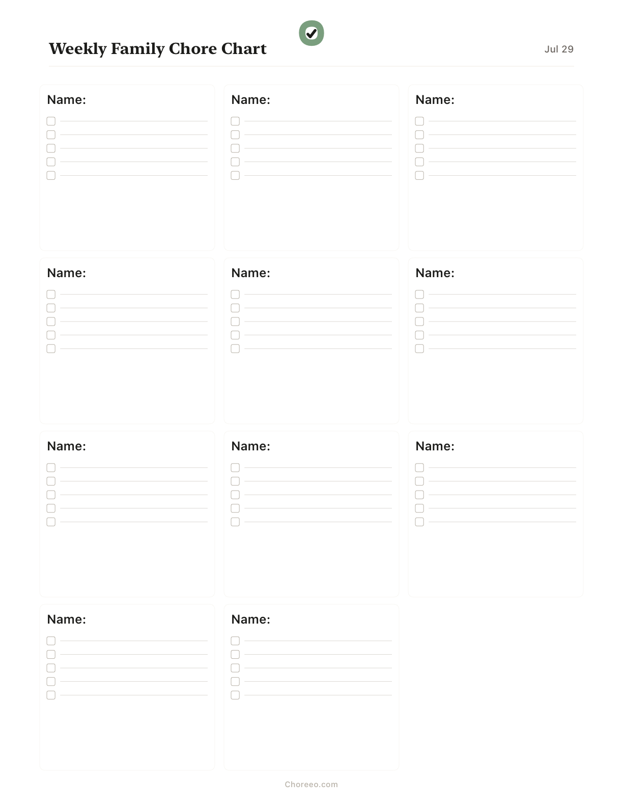Preview of Weekly chore chart for 11 family members