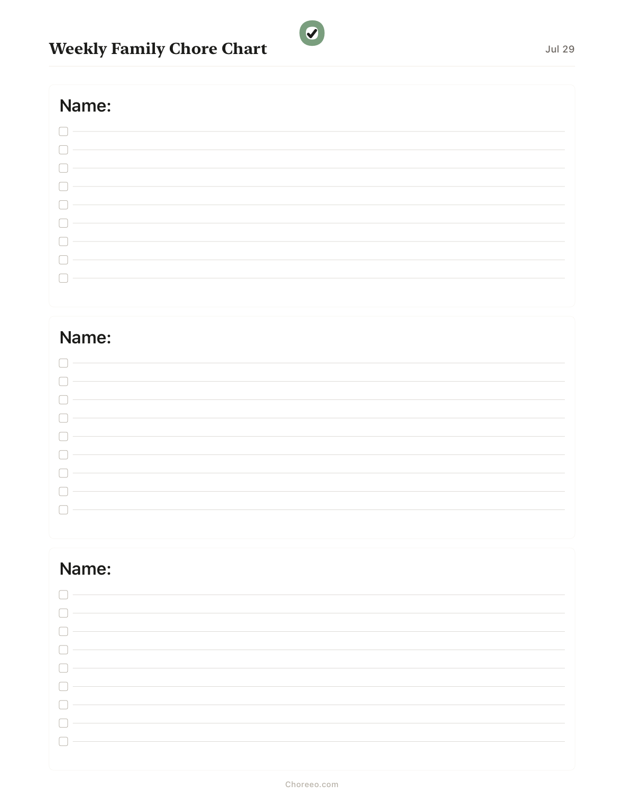 Preview of Weekly chore chart for 3 family members